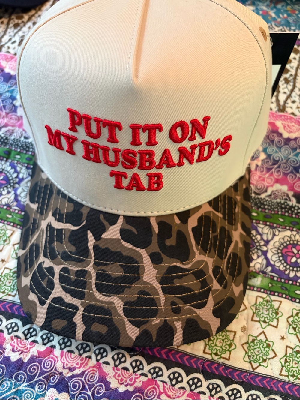 Put It On My Husband's Tab Beige & Leopard Women's Trucker Hat